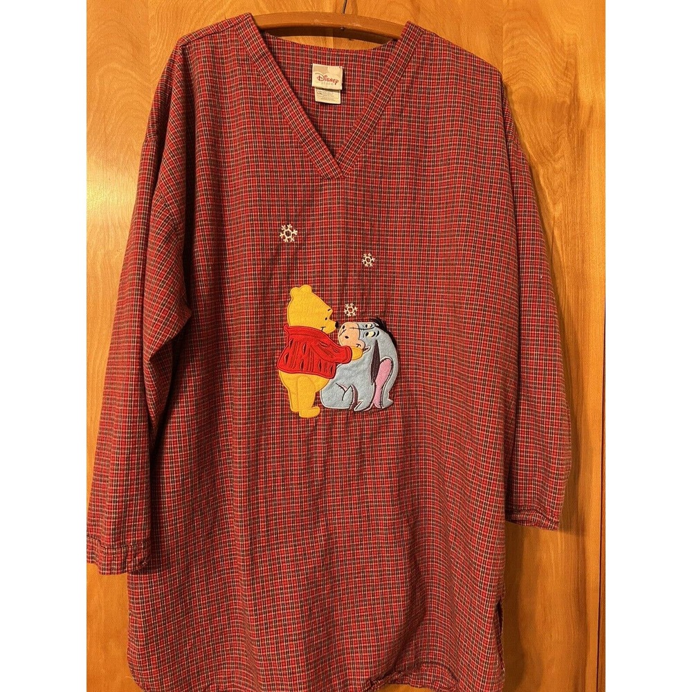 Disney Pajama Nightshirt Red Plaid Pooh And Eeyore Nightgown Snowflakes